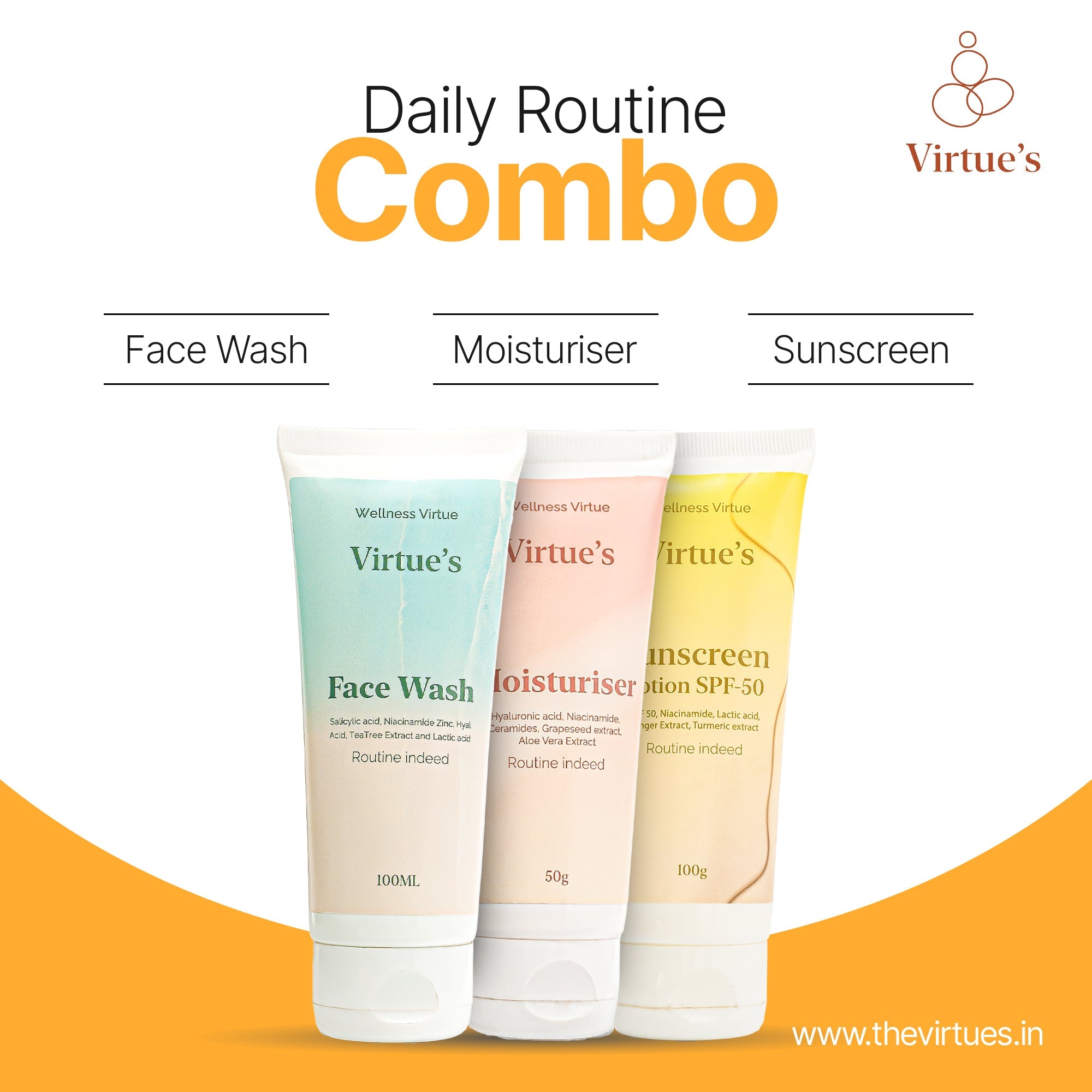 Virtue’s Daily Routine Combo – Face Wash, Moisturiser & Sunscreen