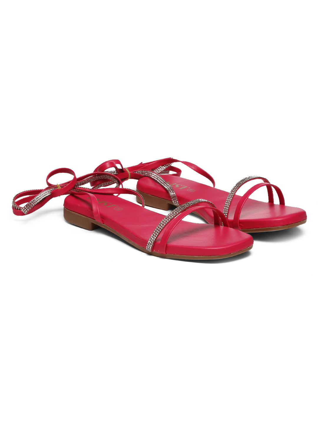 GNIST Hot Pink Embellished Tie up Flat Sandal