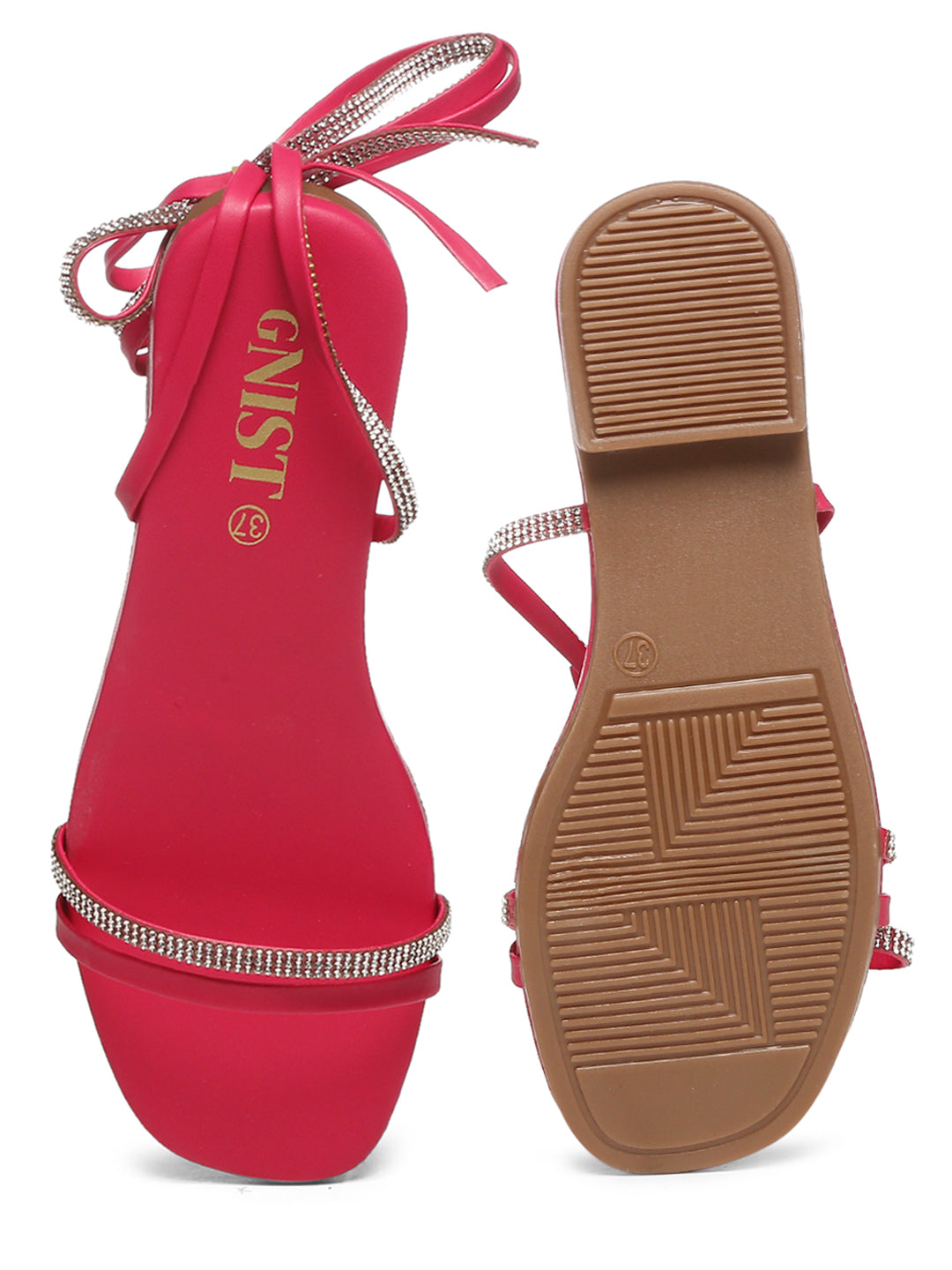 GNIST Hot Pink Embellished Tie up Flat Sandal
