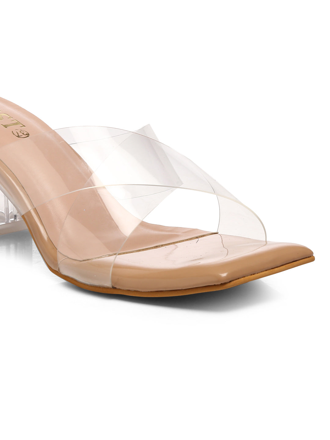 GNIST Beige Cross Strap Transparent Clear Block Heels