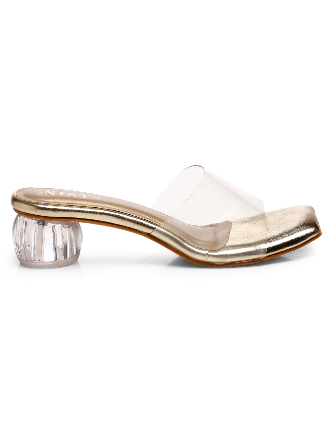 GNIST Gold Twin Strap Transparent Clear Block Heels