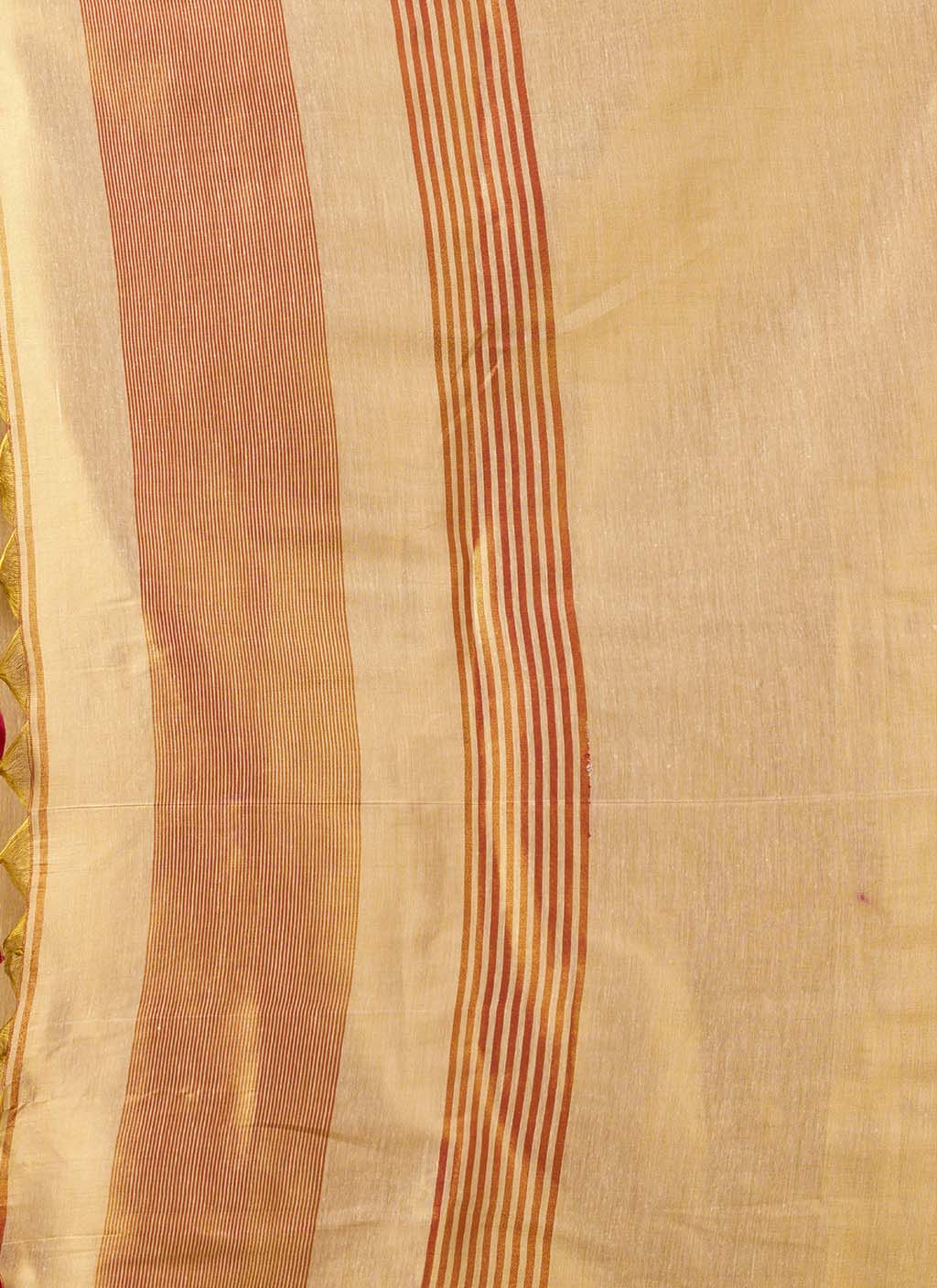 Cream Pure Tissue Silk Saree with Contrast Pallu & Red Weave Blouse