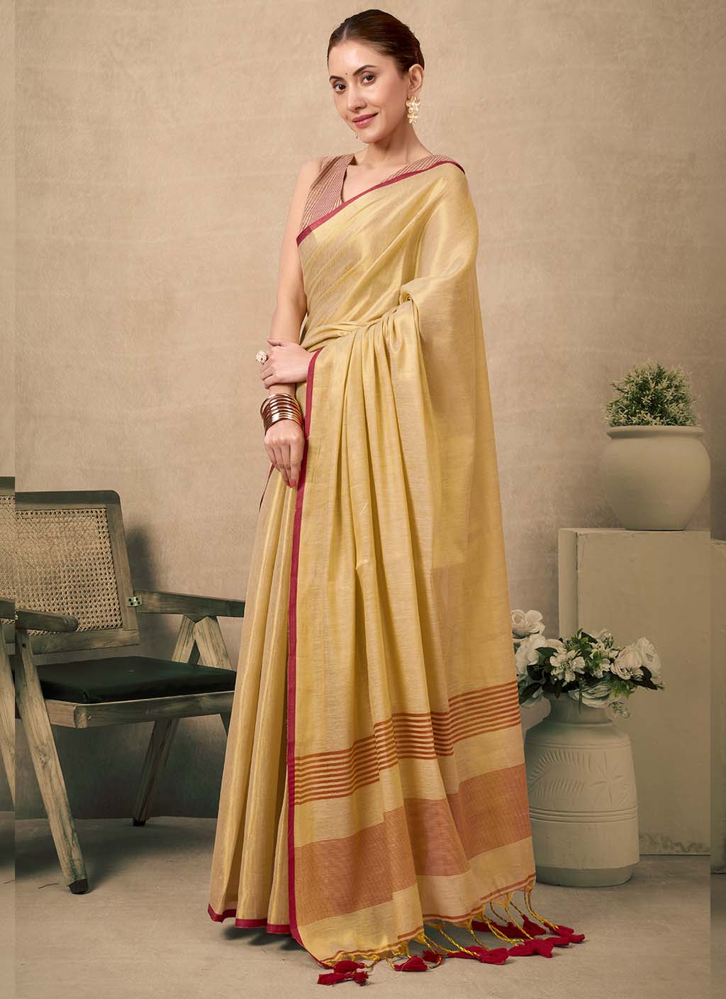Cream Pure Tissue Silk Saree with Contrast Pallu & Red Weave Blouse