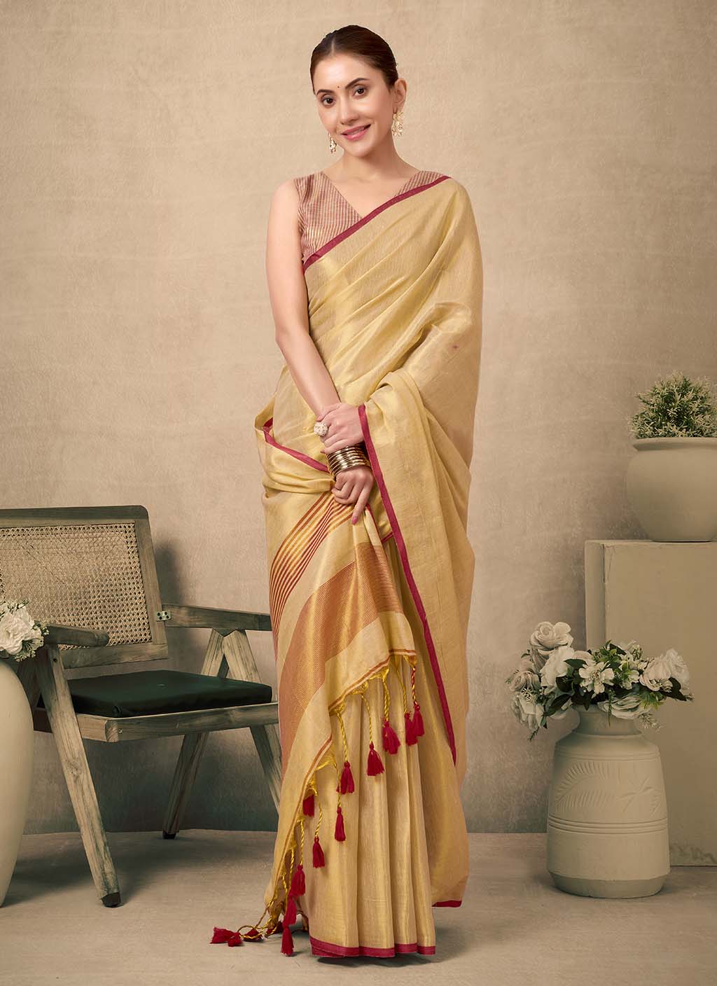 Cream Pure Tissue Silk Saree with Contrast Pallu & Red Weave Blouse