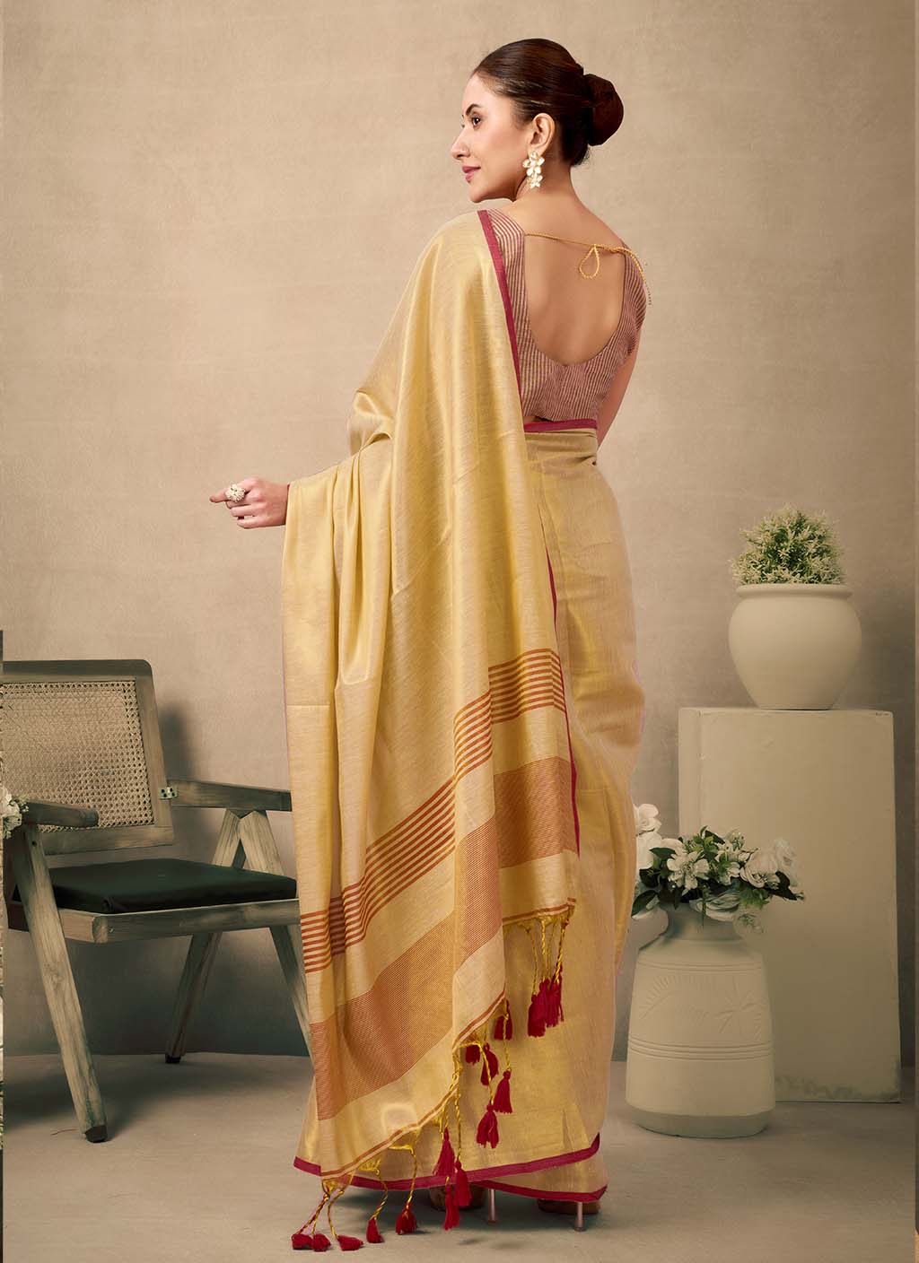 Cream Pure Tissue Silk Saree with Contrast Pallu & Red Weave Blouse