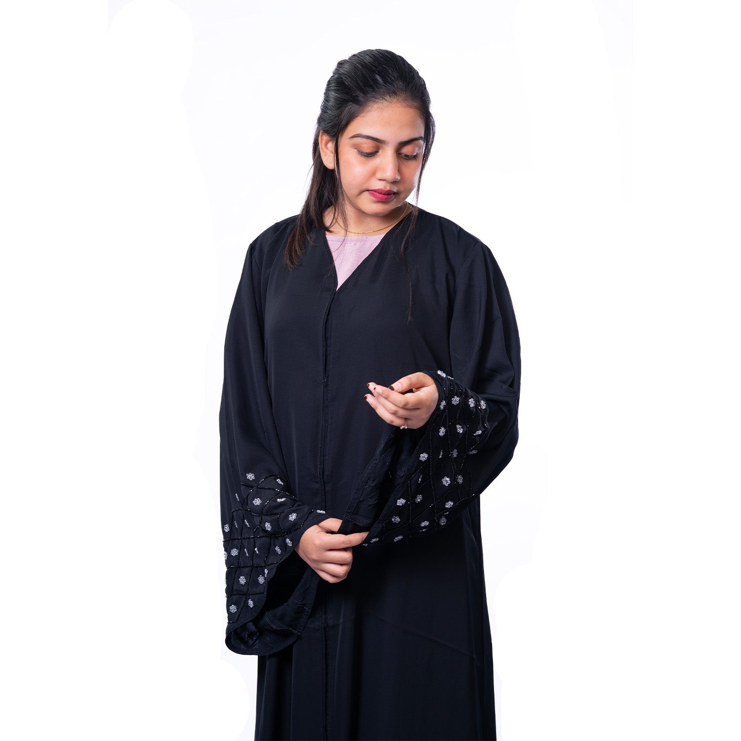 B&Q Premium Black Nida V-Neck Abaya with Black & White Stonework and Front Press-Button Opening