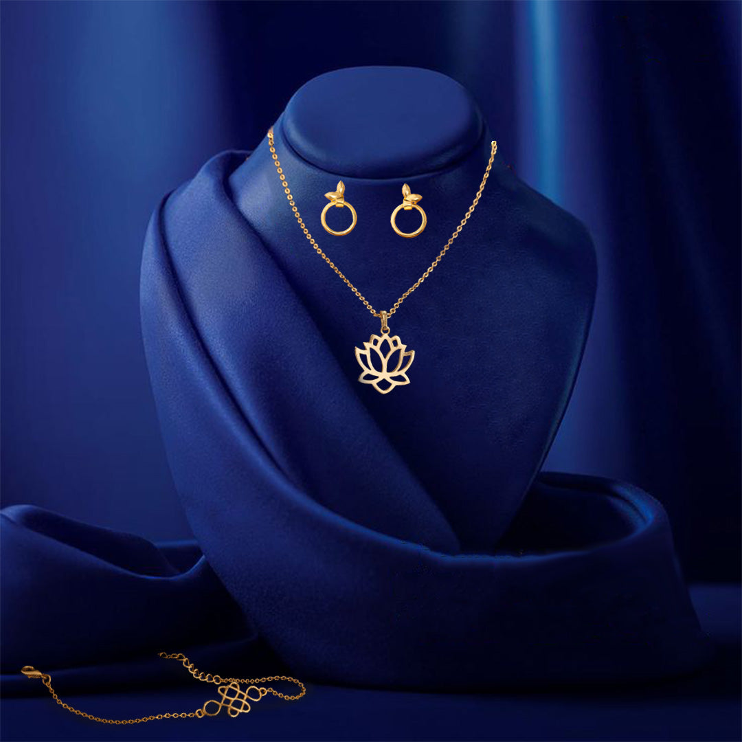 Golden Harmony Set  Lotus, Leaf & Knot Jewelry Trio